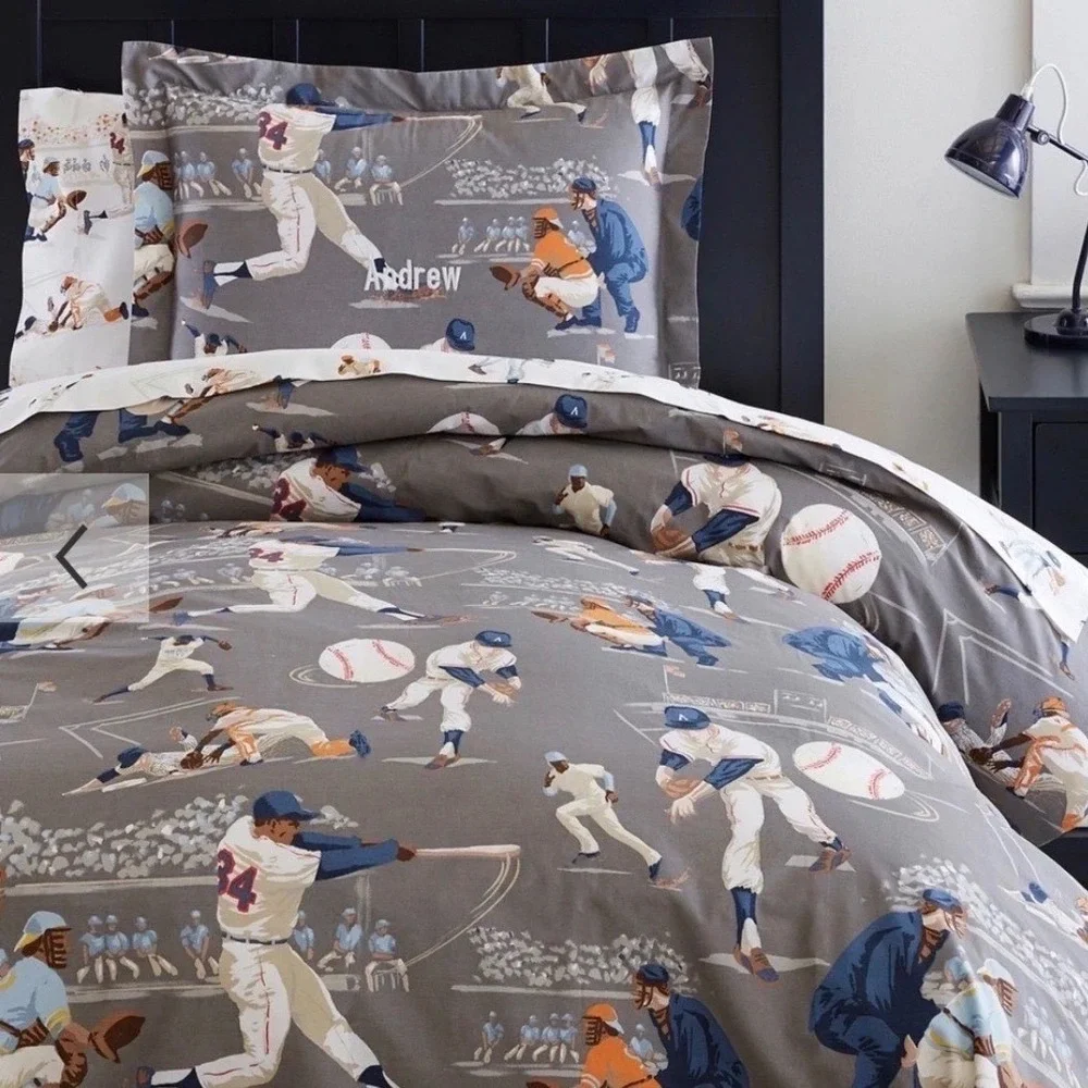Pottery Barn Kids Twin Baseball Duvet Cover and Flat Sheet Organic Cotton Grey